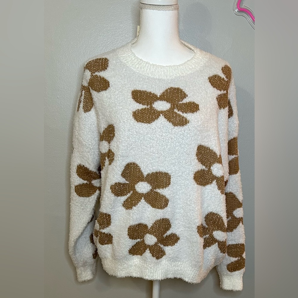 Net 153 Cozy Floral Knit Sweater - NWT, White and Brown, Size S, Very Soft